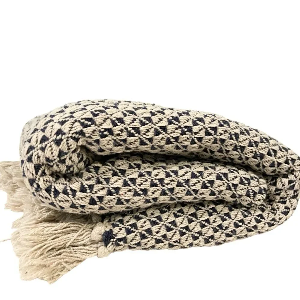 Boho Patterned Throw Blanket with Fringe in Blue and White